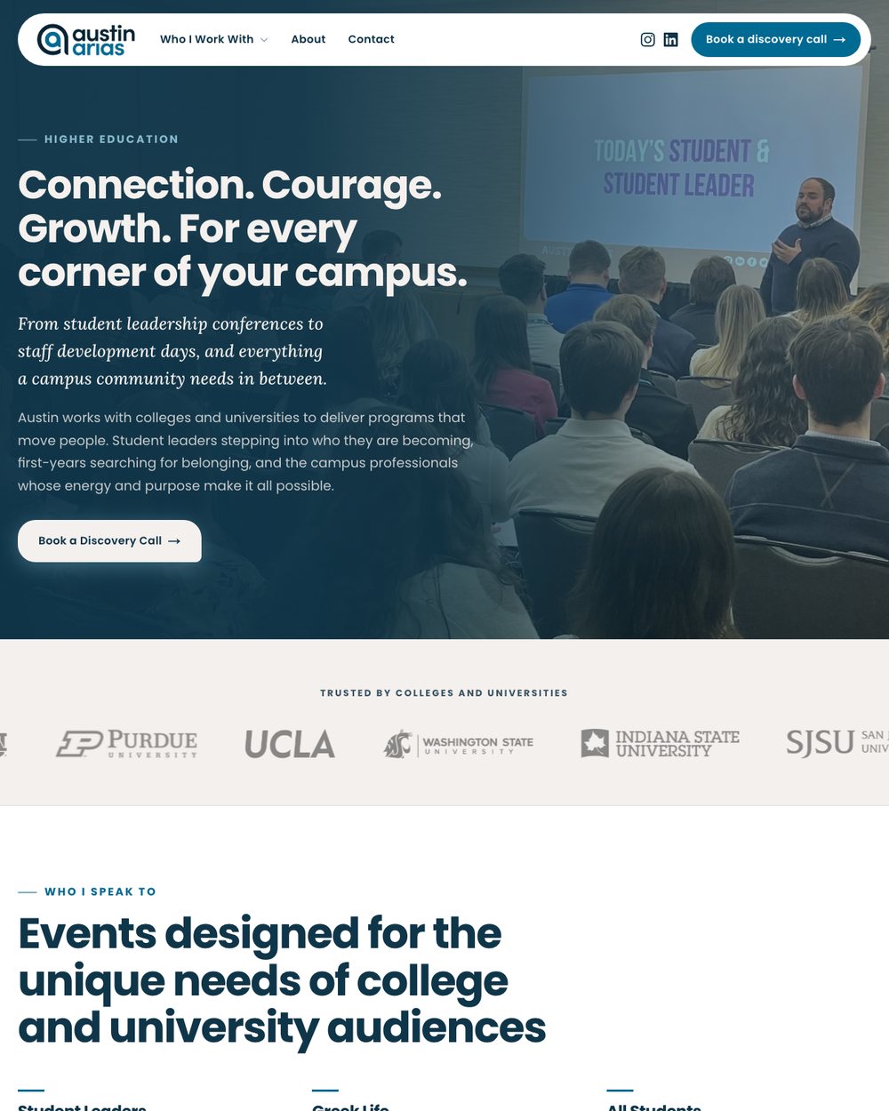 Austin’s higher education page, showing a campus talk, the universities he has worked with, and who he speaks to