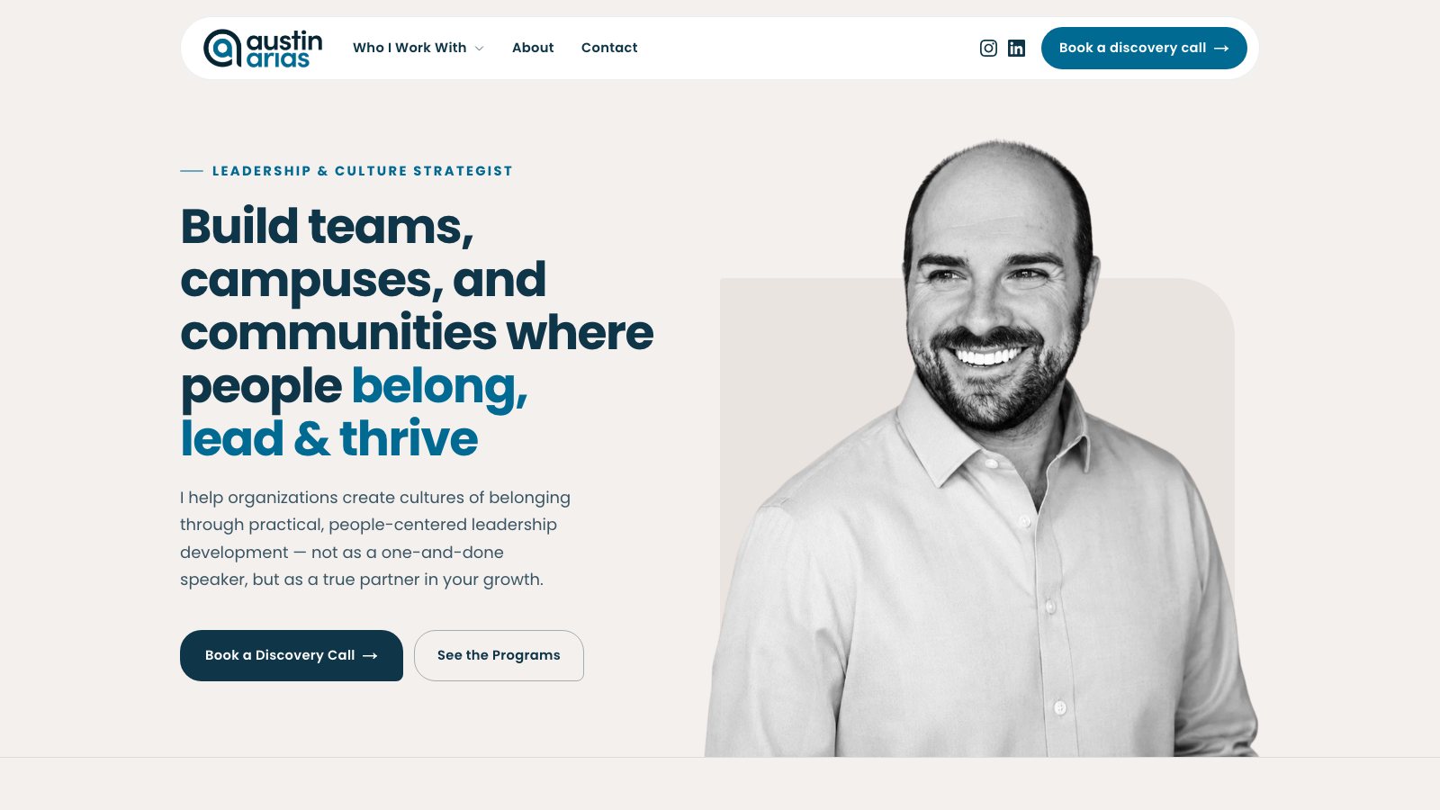 The Austin Arias homepage, his portrait beside the headline Build teams, campuses, and communities where people belong, lead and thrive