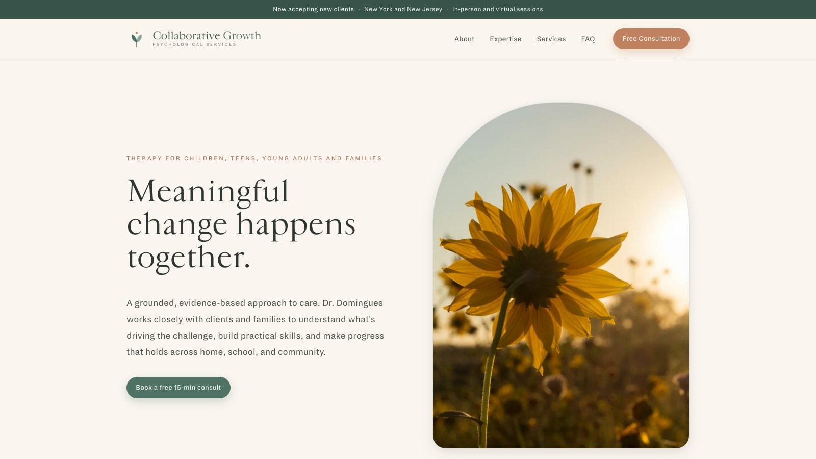The Collaborative Growth homepage, a sunflower at sunset beside the headline Meaningful change happens together