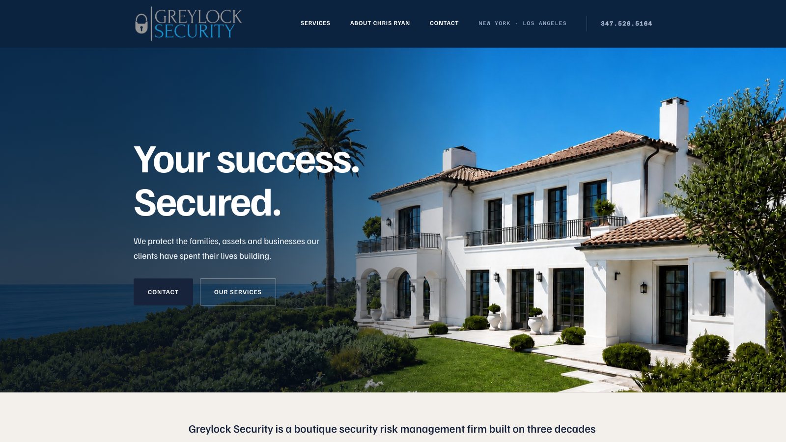 The Greylock Security homepage, a white hillside house above the ocean with the headline Your success. Secured.