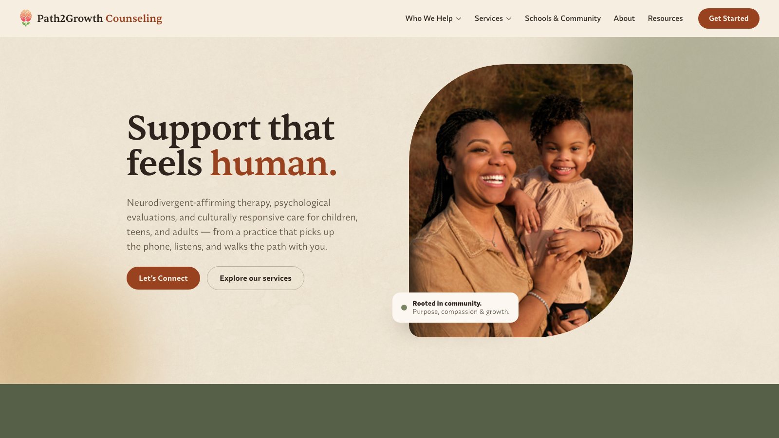 The Path2Growth Counseling homepage, a mother holding her smiling child beside the headline Support that feels human.